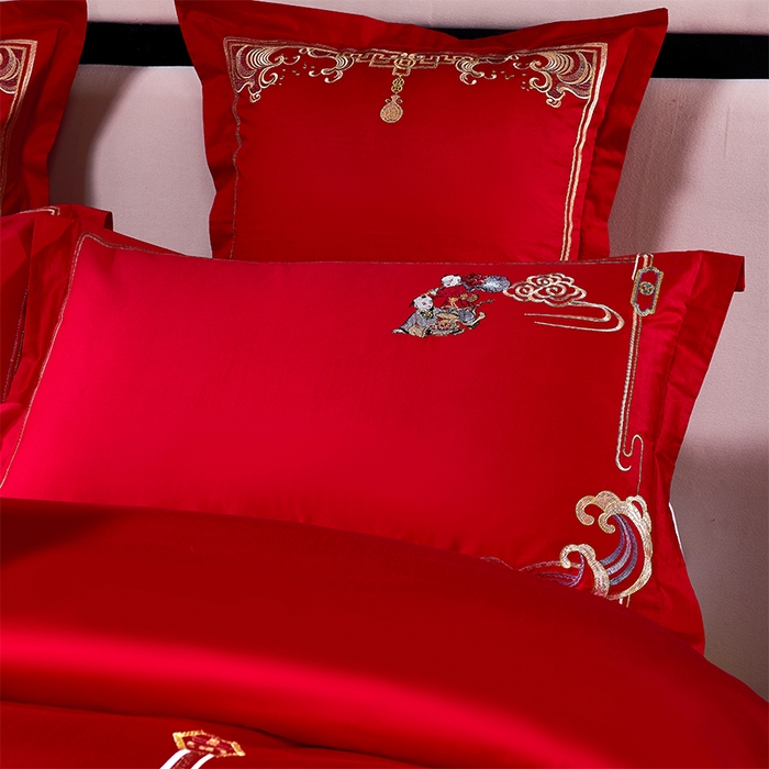 91家纺网 家纺一手货源 找家纺 博之洋婚庆 2026新款全棉纯棉长绒棉刺绣婚庆四件套多件套 多子多福