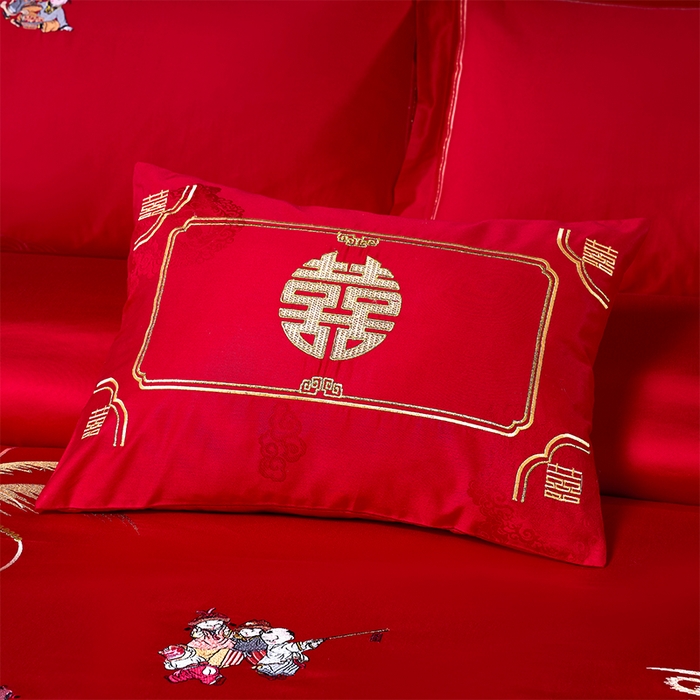 91家纺网 家纺一手货源 找家纺 博之洋婚庆 2026新款全棉纯棉长绒棉刺绣婚庆四件套多件套 多子多福