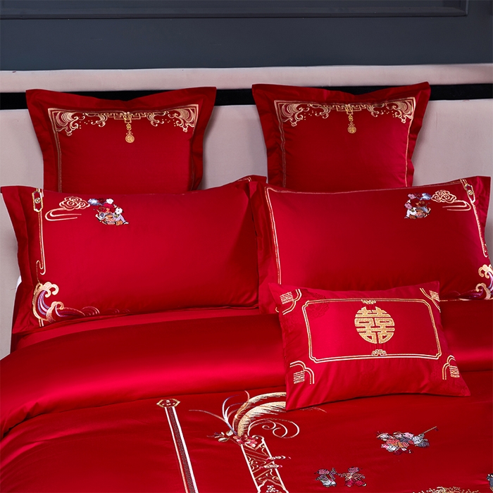 91家纺网 家纺一手货源 找家纺 博之洋婚庆 2026新款全棉纯棉长绒棉刺绣婚庆四件套多件套 多子多福