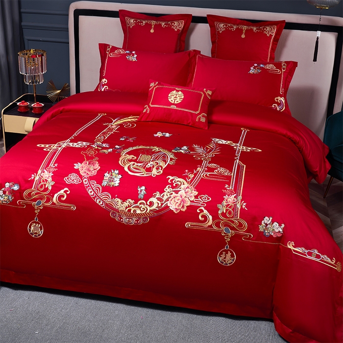 91家纺网 家纺一手货源 找家纺 博之洋婚庆 2026新款全棉纯棉长绒棉刺绣婚庆四件套多件套 多子多福