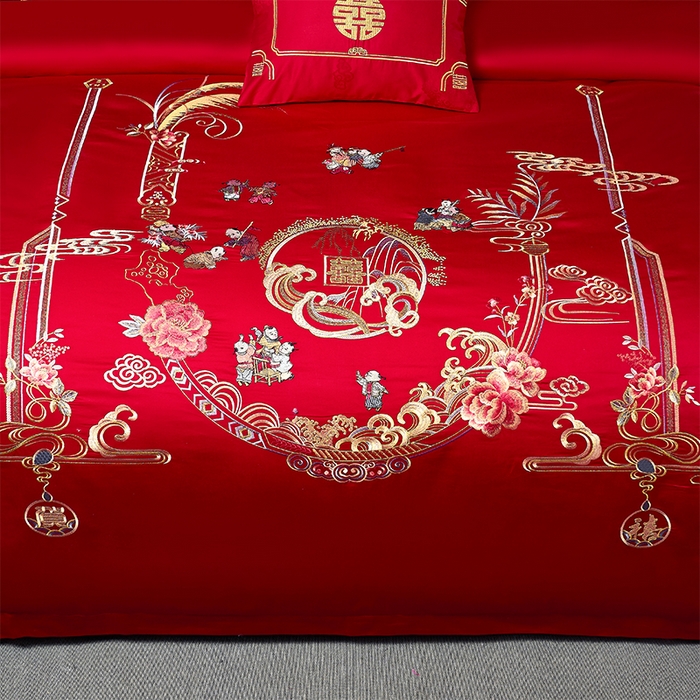 91家纺网 家纺一手货源 找家纺 博之洋婚庆 2026新款全棉纯棉长绒棉刺绣婚庆四件套多件套 多子多福