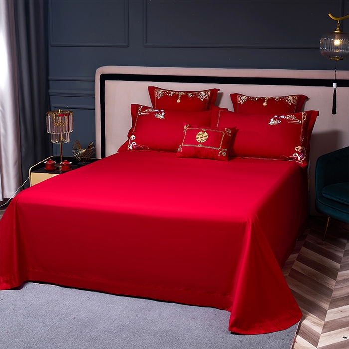 91家纺网 家纺一手货源 找家纺 博之洋婚庆 2026新款全棉纯棉长绒棉刺绣婚庆四件套多件套 多子多福