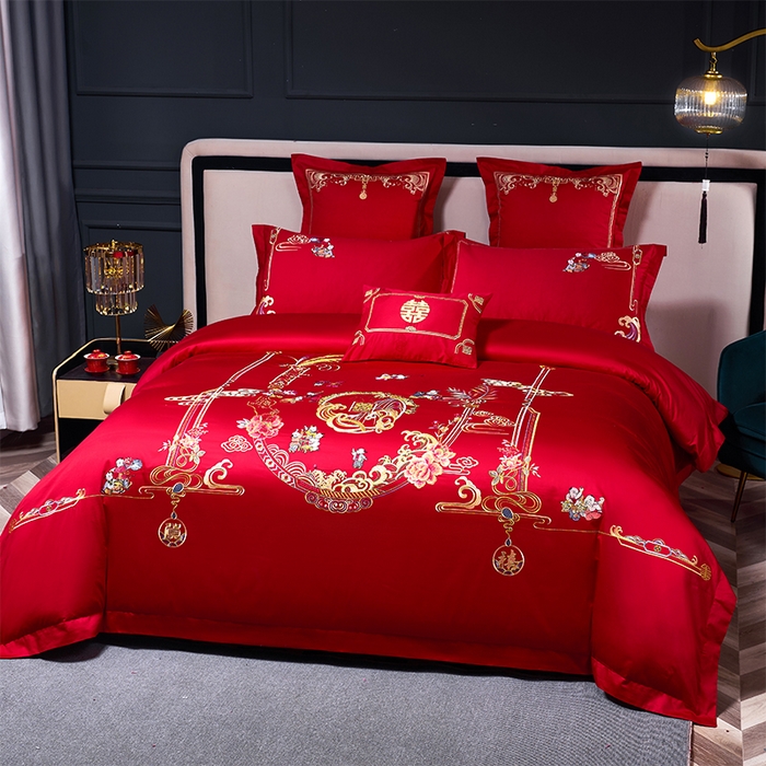 91家纺网 家纺一手货源 找家纺 博之洋婚庆 2026新款全棉纯棉长绒棉刺绣婚庆四件套多件套 多子多福