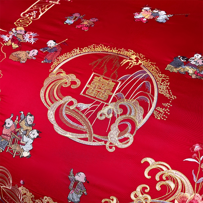 91家纺网 家纺一手货源 找家纺 博之洋婚庆 2026新款全棉纯棉长绒棉刺绣婚庆四件套多件套 多子多福