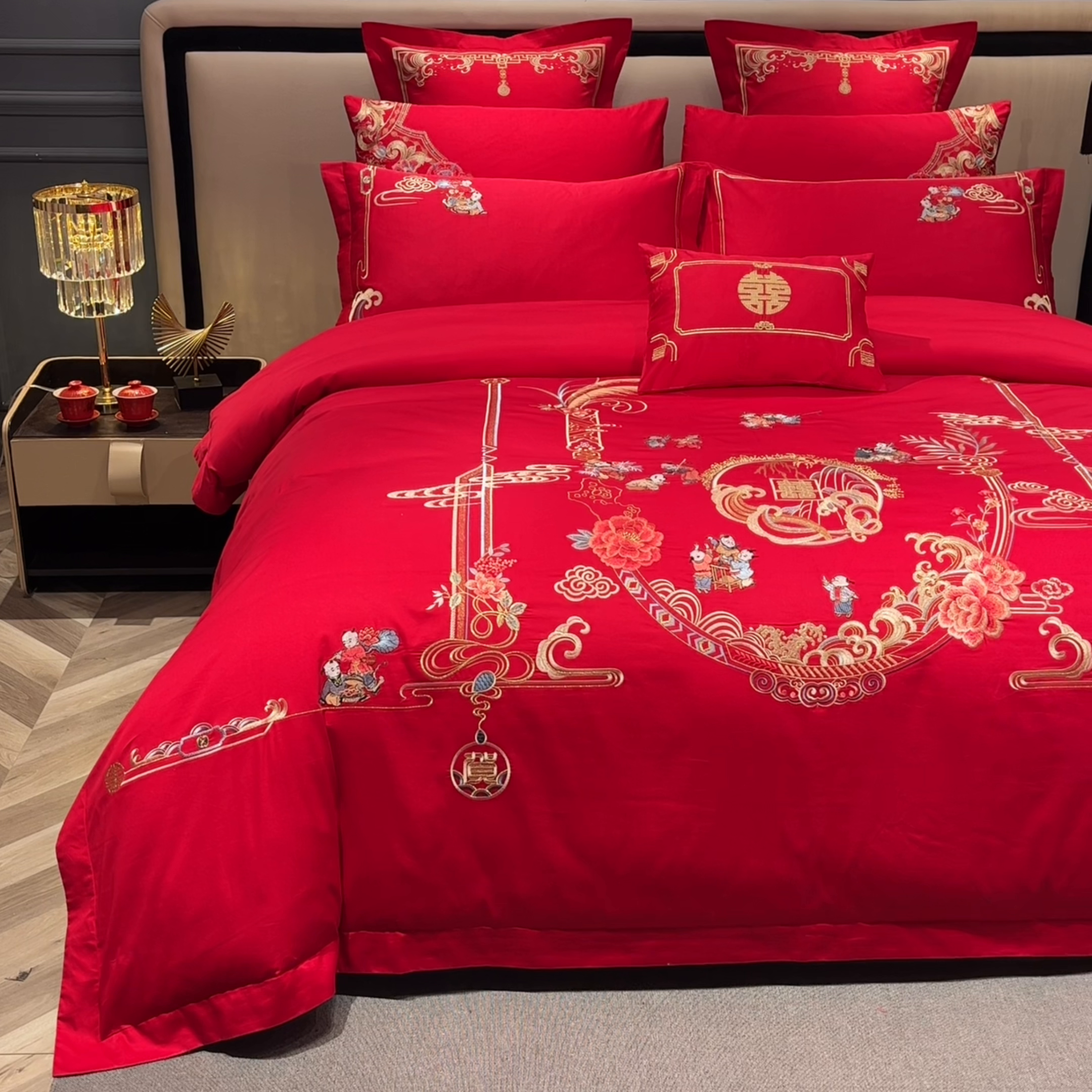 91家纺网 家纺一手货源 找家纺 博之洋婚庆 2026新款全棉纯棉长绒棉刺绣婚庆四件套多件套 多子多福