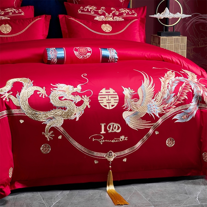 91家纺网 家纺一手货源 找家纺 博之洋婚庆 2026新款全棉纯棉长绒棉刺绣婚庆四件套多件套 福瑞呈祥