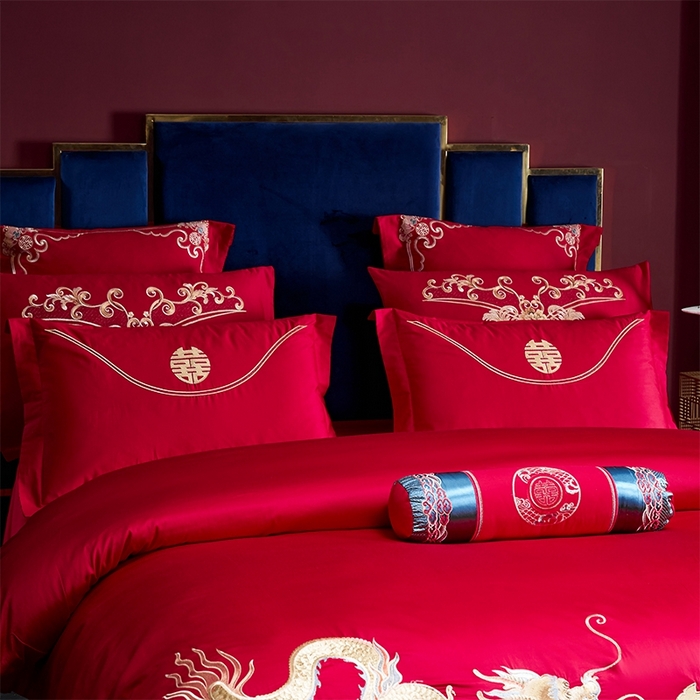 91家纺网 家纺一手货源 找家纺 博之洋婚庆 2026新款全棉纯棉长绒棉刺绣婚庆四件套多件套 福瑞呈祥