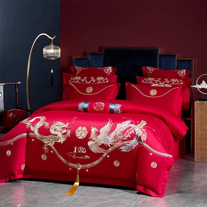 91家纺网 家纺一手货源 找家纺 博之洋婚庆 2026新款全棉纯棉长绒棉刺绣婚庆四件套多件套 福瑞呈祥