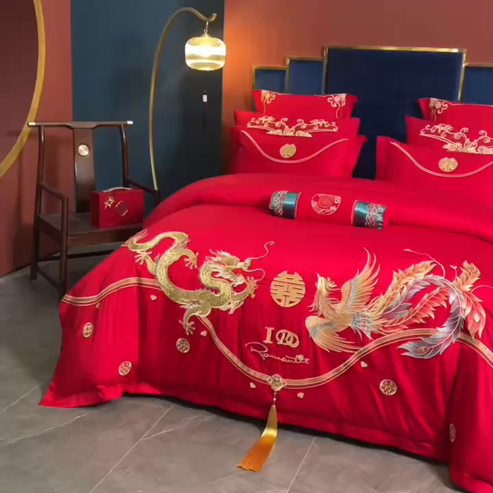 91家纺网 家纺一手货源 找家纺 博之洋婚庆 2026新款全棉纯棉长绒棉刺绣婚庆四件套多件套 福瑞呈祥