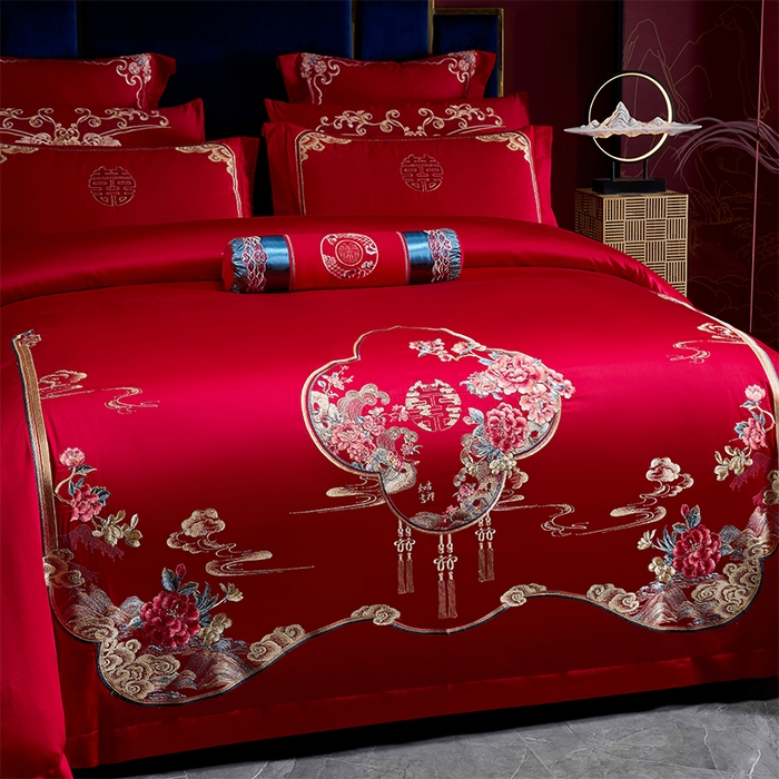 91家纺网 家纺一手货源 找家纺 博之洋婚庆 2026新款全棉纯棉长绒棉刺绣婚庆四件套多件套 富贵吉祥