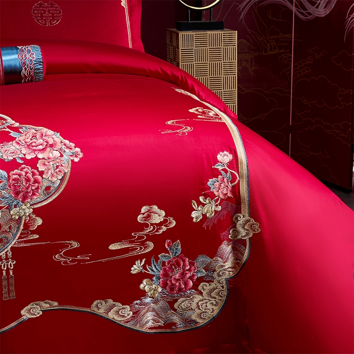 91家纺网 家纺一手货源 找家纺 博之洋婚庆 2026新款全棉纯棉长绒棉刺绣婚庆四件套多件套 富贵吉祥