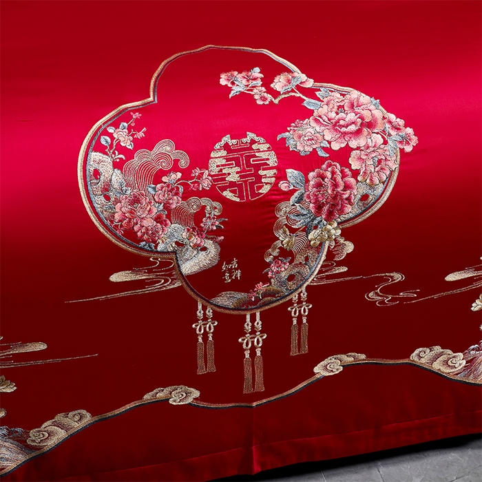 91家纺网 家纺一手货源 找家纺 博之洋婚庆 2026新款全棉纯棉长绒棉刺绣婚庆四件套多件套 富贵吉祥