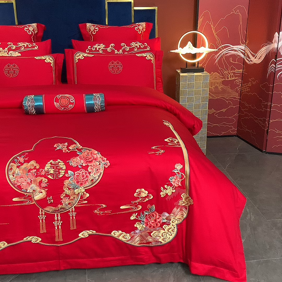 91家纺网 家纺一手货源 找家纺 博之洋婚庆 2026新款全棉纯棉长绒棉刺绣婚庆四件套多件套 富贵吉祥