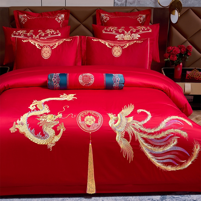 91家纺网 家纺一手货源 找家纺 博之洋婚庆 2026新款全棉纯棉长绒棉刺绣婚庆四件套多件套 鸿运龙凤