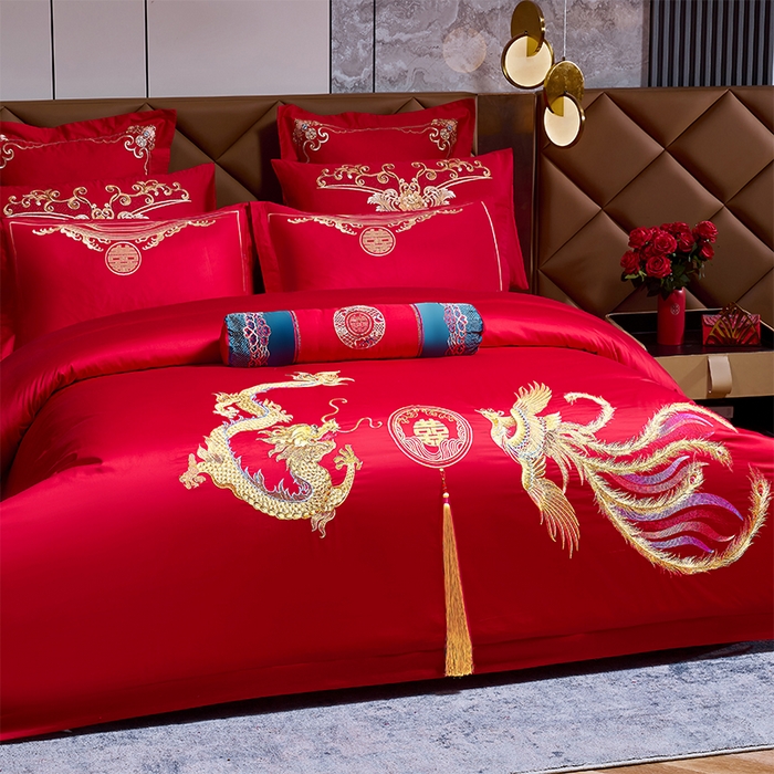 91家纺网 家纺一手货源 找家纺 博之洋婚庆 2026新款全棉纯棉长绒棉刺绣婚庆四件套多件套 鸿运龙凤