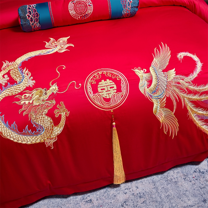 91家纺网 家纺一手货源 找家纺 博之洋婚庆 2026新款全棉纯棉长绒棉刺绣婚庆四件套多件套 鸿运龙凤