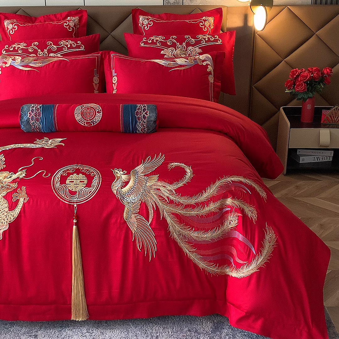 91家纺网 家纺一手货源 找家纺 博之洋婚庆 2026新款全棉纯棉长绒棉刺绣婚庆四件套多件套 鸿运龙凤