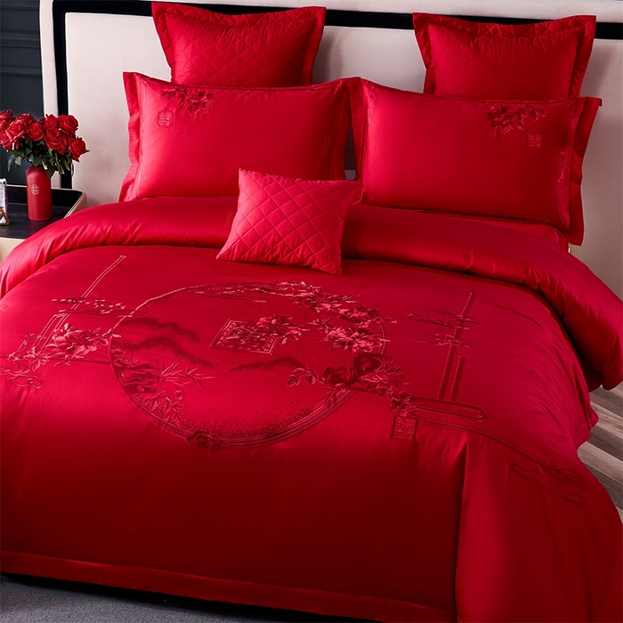 91家纺网 家纺一手货源 找家纺 博之洋婚庆 2026新款全棉纯棉长绒棉刺绣婚庆四件套多件套 花好月圆