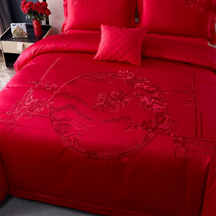 91家纺网 家纺一手货源 找家纺 博之洋婚庆 2026新款全棉纯棉长绒棉刺绣婚庆四件套多件套 花好月圆