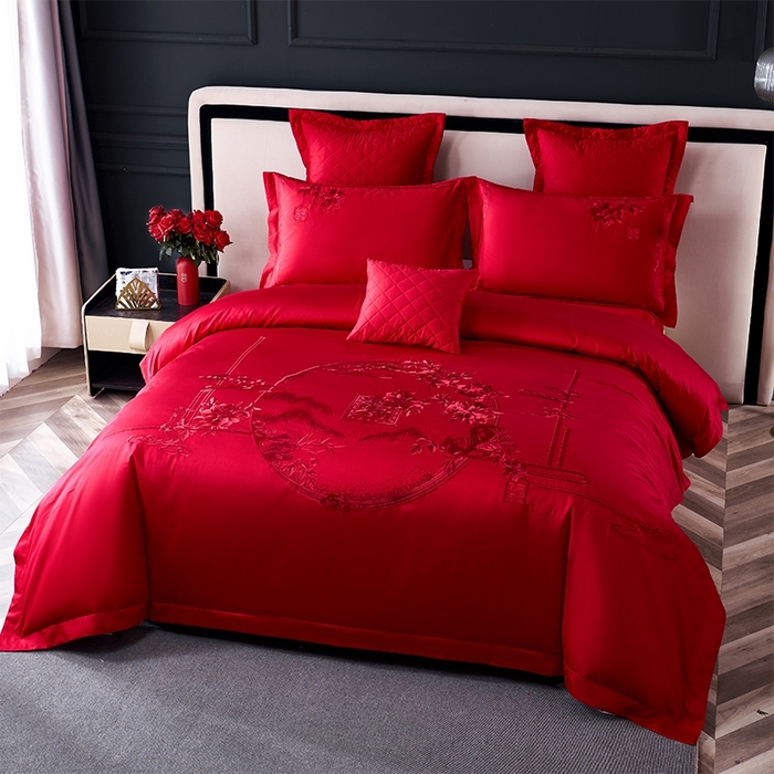 91家纺网 家纺一手货源 找家纺 博之洋婚庆 2026新款全棉纯棉长绒棉刺绣婚庆四件套多件套 花好月圆