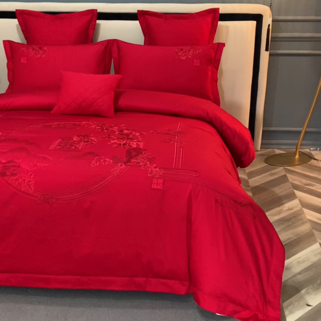 91家纺网 家纺一手货源 找家纺 博之洋婚庆 2026新款全棉纯棉长绒棉刺绣婚庆四件套多件套 花好月圆