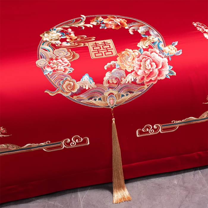 91家纺网 家纺一手货源 找家纺 博之洋婚庆 2026新款全棉纯棉长绒棉刺绣婚庆四件套多件套 花开富贵