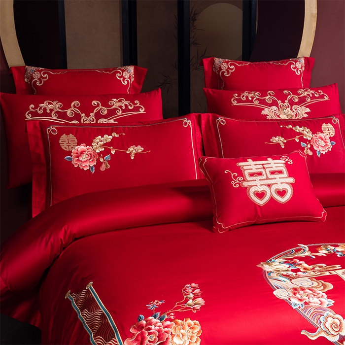 91家纺网 家纺一手货源 找家纺 博之洋婚庆 2026新款全棉纯棉长绒棉刺绣婚庆四件套多件套 花开富贵