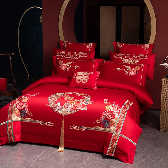 91家纺网 家纺一手货源 找家纺 博之洋婚庆 2026新款全棉纯棉长绒棉刺绣婚庆四件套多件套 花开富贵