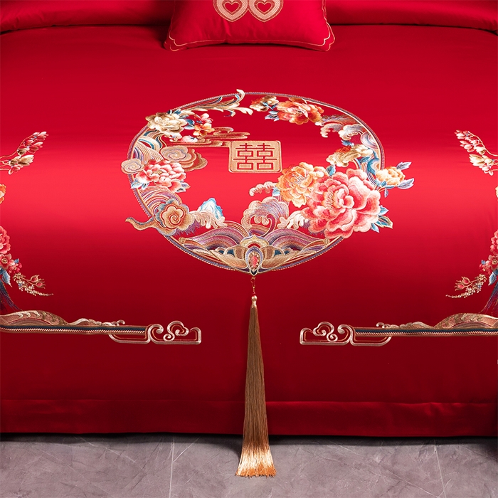 91家纺网 家纺一手货源 找家纺 博之洋婚庆 2026新款全棉纯棉长绒棉刺绣婚庆四件套多件套 花开富贵