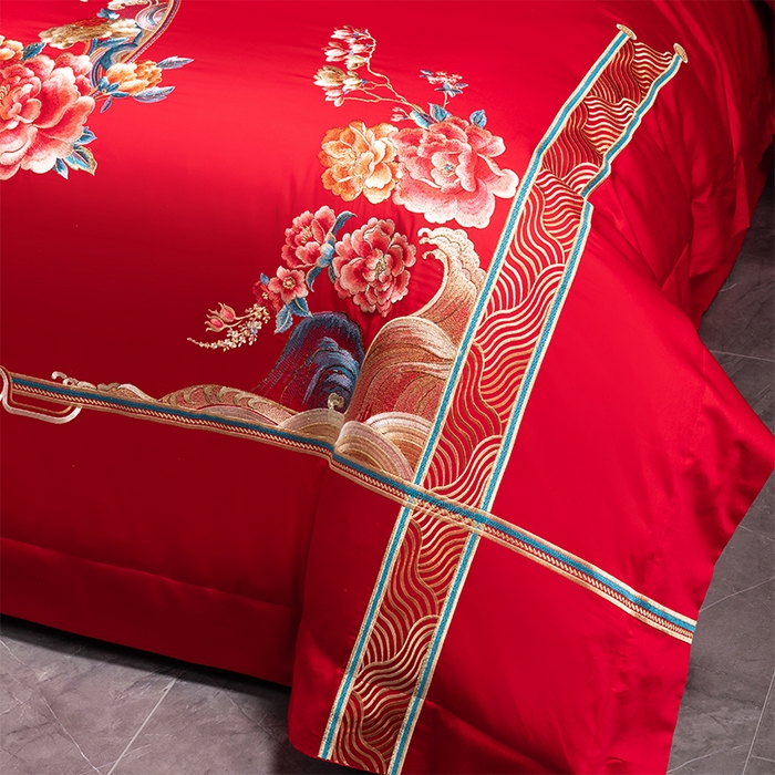 91家纺网 家纺一手货源 找家纺 博之洋婚庆 2026新款全棉纯棉长绒棉刺绣婚庆四件套多件套 花开富贵