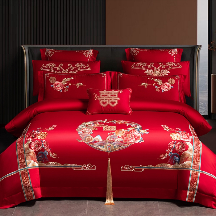 91家纺网 家纺一手货源 找家纺 博之洋婚庆 2026新款全棉纯棉长绒棉刺绣婚庆四件套多件套 花开富贵