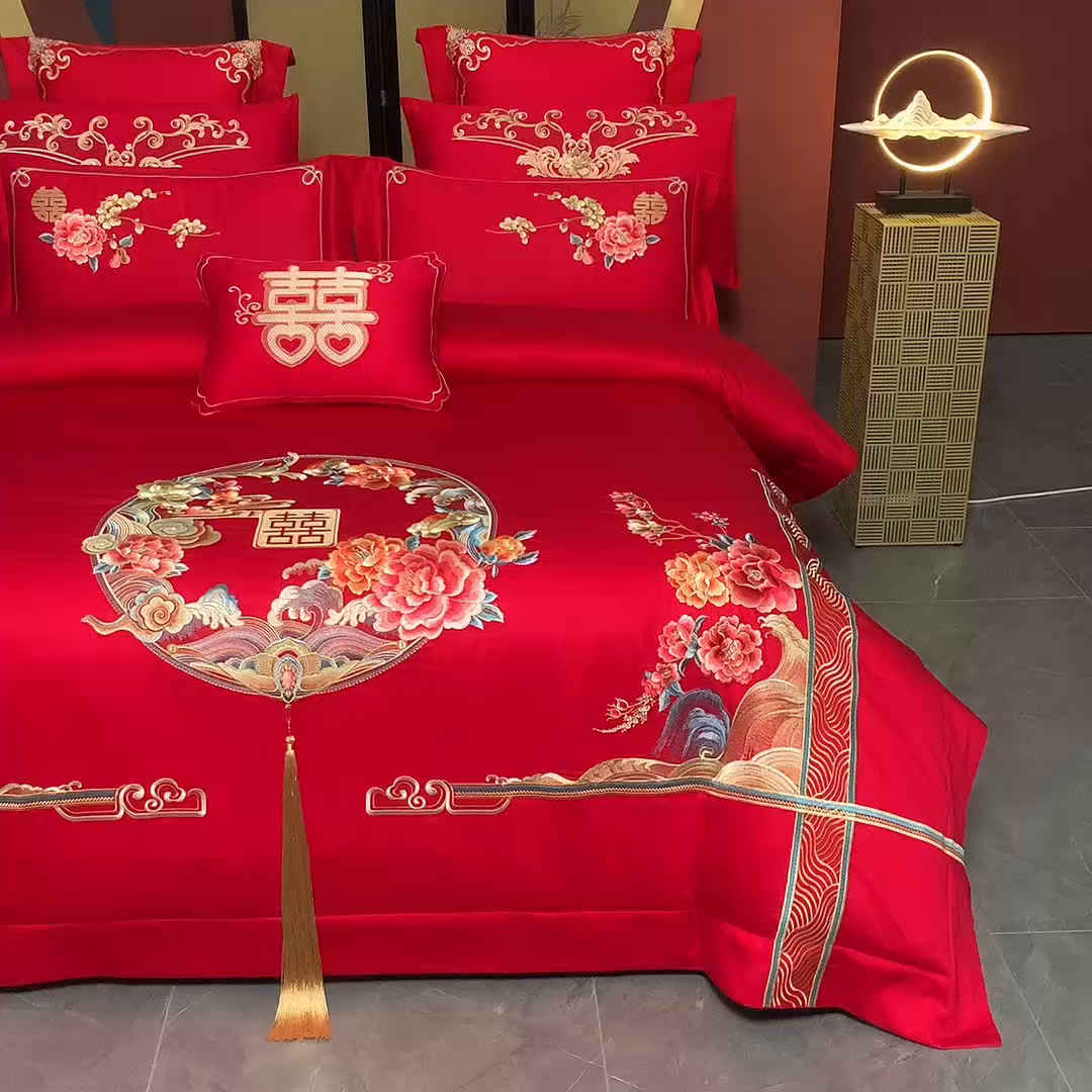 91家纺网 家纺一手货源 找家纺 博之洋婚庆 2026新款全棉纯棉长绒棉刺绣婚庆四件套多件套 花开富贵