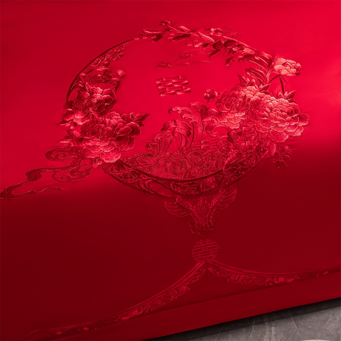 91家纺网 家纺一手货源 找家纺 博之洋婚庆 2026新款全棉纯棉长绒棉刺绣婚庆四件套多件套 爱意浓浓-红