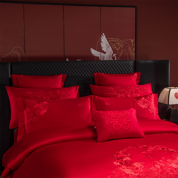 91家纺网 家纺一手货源 找家纺 博之洋婚庆 2026新款全棉纯棉长绒棉刺绣婚庆四件套多件套 爱意浓浓-红