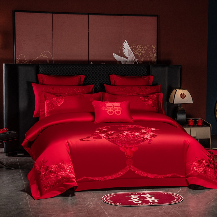 91家纺网 家纺一手货源 找家纺 博之洋婚庆 2026新款全棉纯棉长绒棉刺绣婚庆四件套多件套 爱意浓浓-红