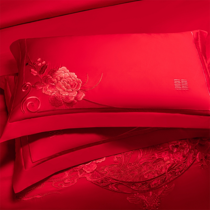 91家纺网 家纺一手货源 找家纺 博之洋婚庆 2026新款全棉纯棉长绒棉刺绣婚庆四件套多件套 爱意浓浓-红