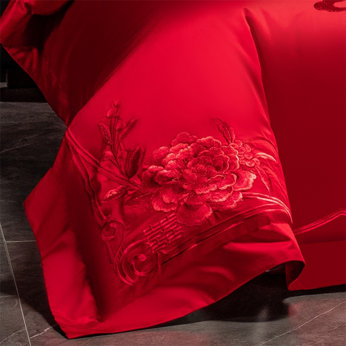 91家纺网 家纺一手货源 找家纺 博之洋婚庆 2026新款全棉纯棉长绒棉刺绣婚庆四件套多件套 爱意浓浓-红