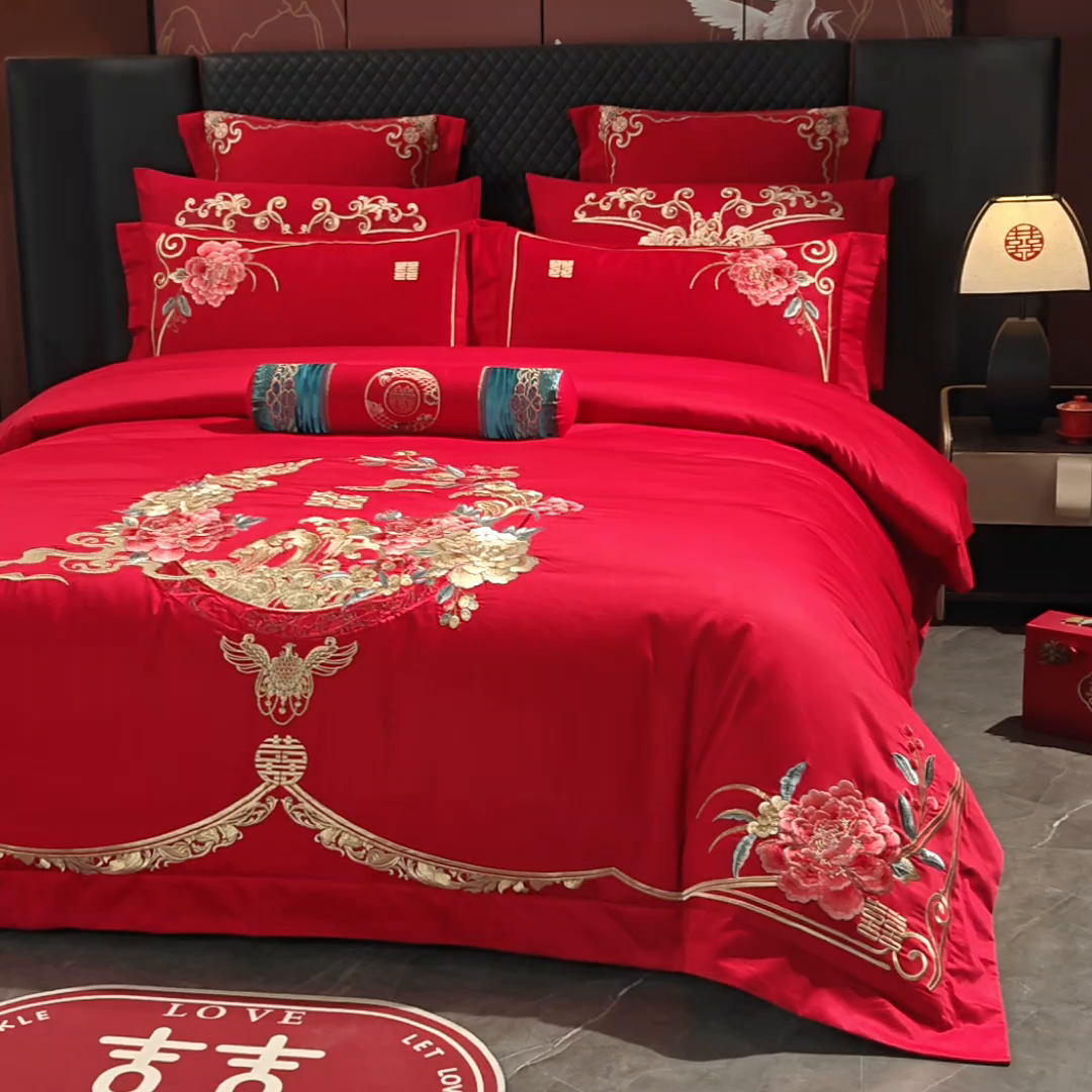 91家纺网 家纺一手货源 找家纺 博之洋婚庆 2026新款全棉纯棉长绒棉刺绣婚庆四件套多件套 爱意浓浓-红