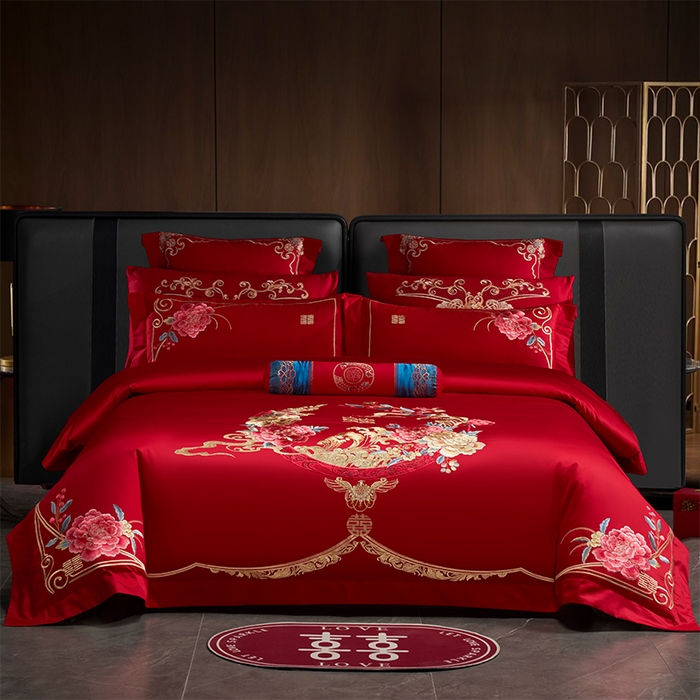 博之洋婚庆 2026新款全棉纯棉长绒棉刺绣婚庆四件套多件套 爱意浓浓-金