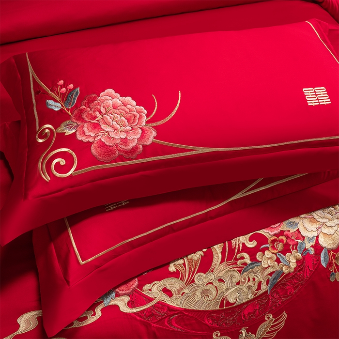 91家纺网 家纺一手货源 找家纺 博之洋婚庆 2026新款全棉纯棉长绒棉刺绣婚庆四件套多件套 爱意浓浓-金