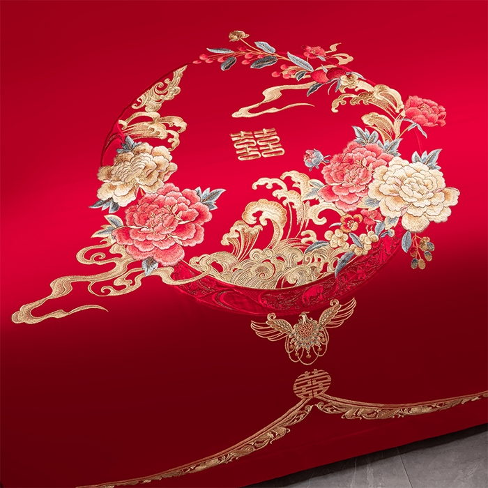 91家纺网 家纺一手货源 找家纺 博之洋婚庆 2026新款全棉纯棉长绒棉刺绣婚庆四件套多件套 爱意浓浓-金