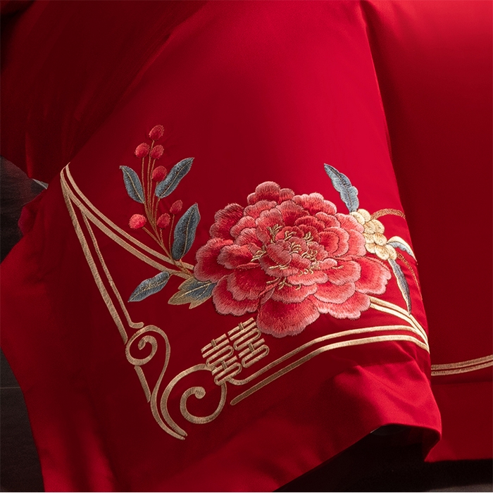 91家纺网 家纺一手货源 找家纺 博之洋婚庆 2026新款全棉纯棉长绒棉刺绣婚庆四件套多件套 爱意浓浓-金