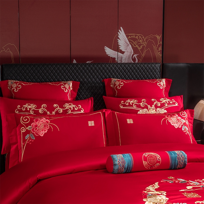 91家纺网 家纺一手货源 找家纺 博之洋婚庆 2026新款全棉纯棉长绒棉刺绣婚庆四件套多件套 爱意浓浓-金