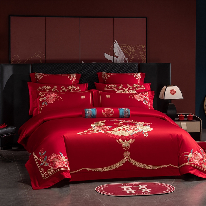 91家纺网 家纺一手货源 找家纺 博之洋婚庆 2026新款全棉纯棉长绒棉刺绣婚庆四件套多件套 爱意浓浓-金