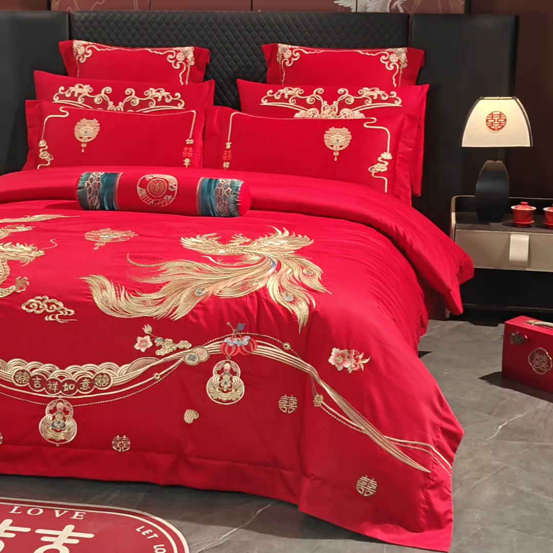 91家纺网 家纺一手货源 找家纺 博之洋婚庆 2026新款全棉纯棉长绒棉刺绣婚庆四件套多件套 爱意浓浓-金