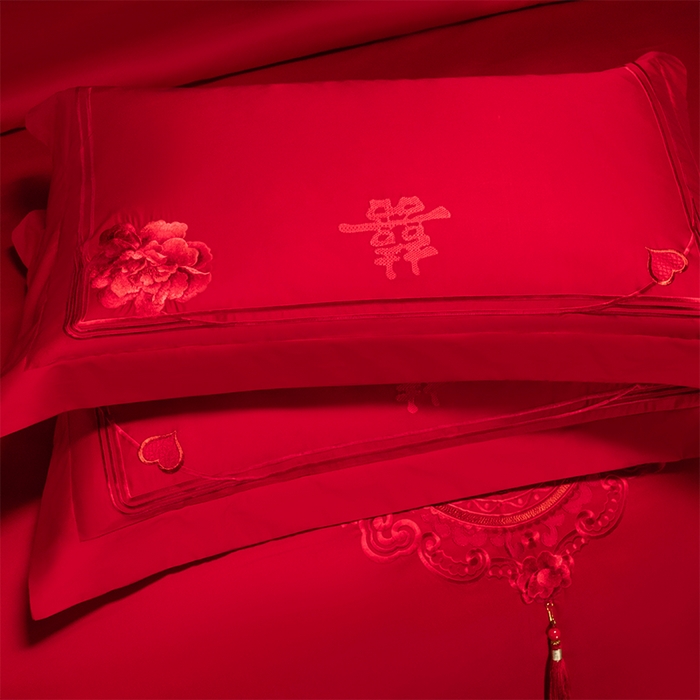 91家纺网 家纺一手货源 找家纺 博之洋婚庆 2026新款全棉纯棉长绒棉刺绣婚庆四件套多件套 花香四溢-红