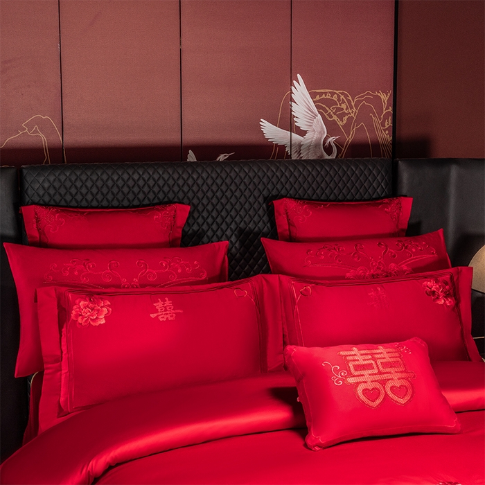 91家纺网 家纺一手货源 找家纺 博之洋婚庆 2026新款全棉纯棉长绒棉刺绣婚庆四件套多件套 花香四溢-红