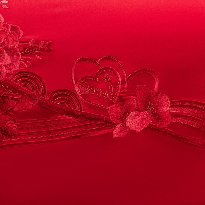 91家纺网 家纺一手货源 找家纺 博之洋婚庆 2026新款全棉纯棉长绒棉刺绣婚庆四件套多件套 花香四溢-红