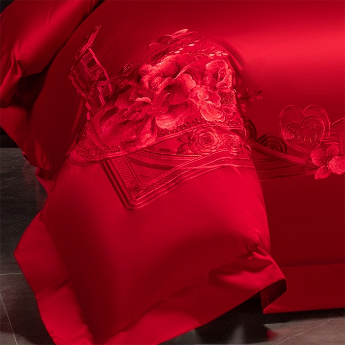 91家纺网 家纺一手货源 找家纺 博之洋婚庆 2026新款全棉纯棉长绒棉刺绣婚庆四件套多件套 花香四溢-红