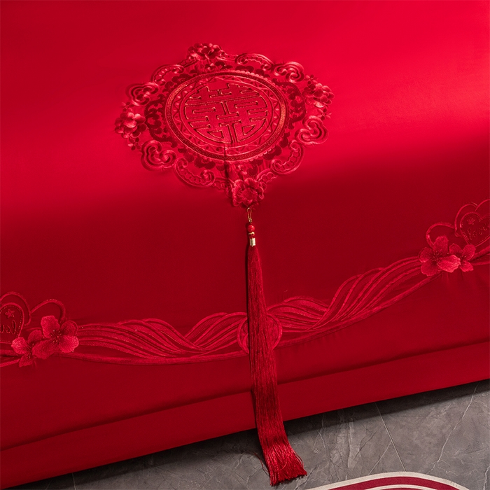 91家纺网 家纺一手货源 找家纺 博之洋婚庆 2026新款全棉纯棉长绒棉刺绣婚庆四件套多件套 花香四溢-红